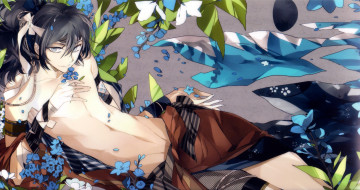 Картинка аниме hakuouki повязка keisuke toudou suou shinsengumi kitan демоны бледной сакуры art парень незабудки лежит