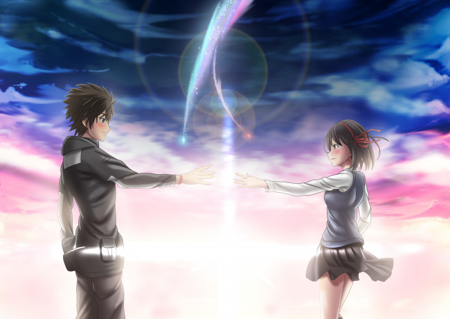 Обои картинки фото аниме, kimi no na wa, девушка, парень, фон, взгляд