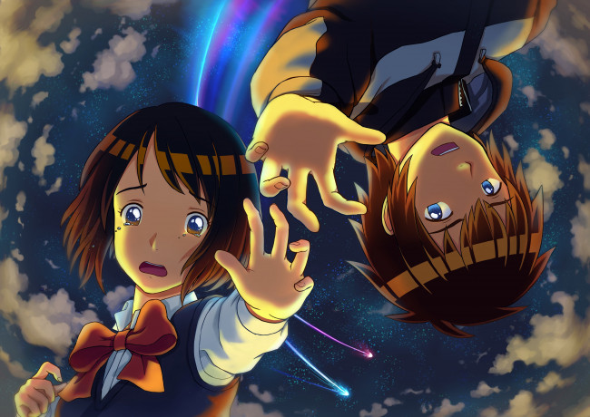 Обои картинки фото аниме, kimi no na wa, взгляд, девушка, фон, парень