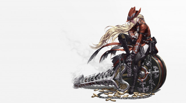 Обои картинки фото фэнтези, девушки, o, gok, gunner, рок, цепь, арт, пуля, гитара, череп