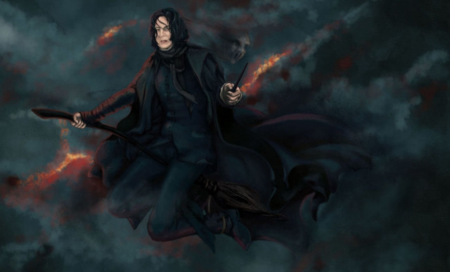 Обои картинки фото рисованное, кино, магия, тучи, палочка, полет, метла, мантия, профессор, северус, снейп