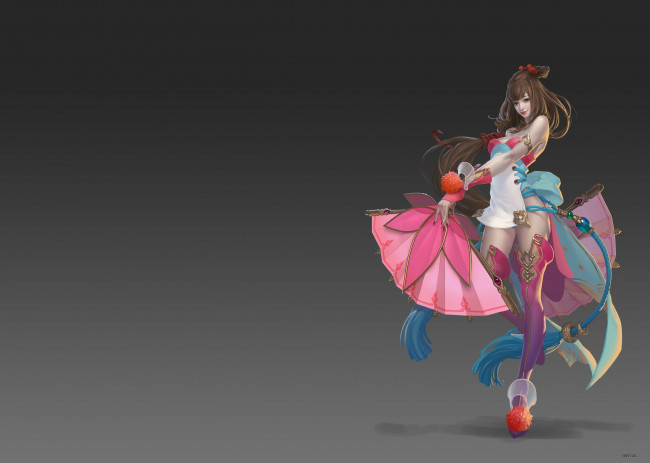 Обои картинки фото фэнтези, девушки, арт, веер, игра, дизайн, девушка, костюм