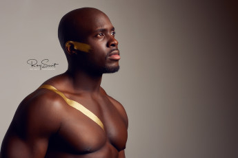 Картинка мужчины -unsort темная кожа золото раскраска для тела взгляд в сторону дуэйн вестенбург крупный план водяные знаки простой фон чернокожие без рубашки студия мускулы roy sevit dwayne westenburg