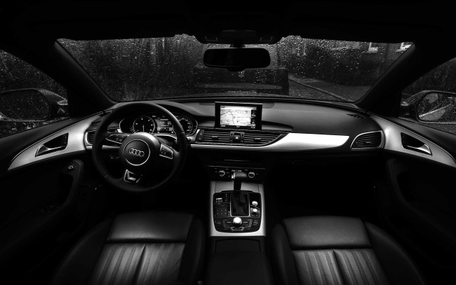 Обои картинки фото audi rs7, автомобили, спидометры, торпедо, салон, руль, дождь