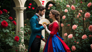 обоя 3д графика, романтика , romantics, влюбленные, веер, розы