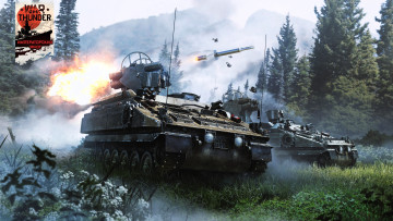 обоя видео игры, war thunder, лес, горы, туман, техника, выстрел