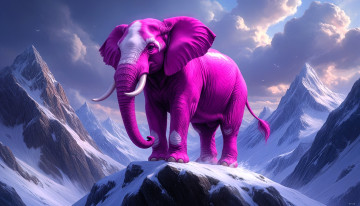 обоя фэнтези, существа, слон, розовый, горы, снег, тучи
