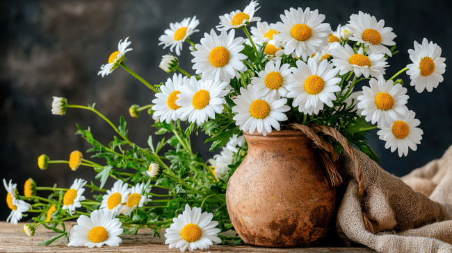 Обои картинки фото 3д графика, цветы , flowers, мешковина, кувшин, ромашки