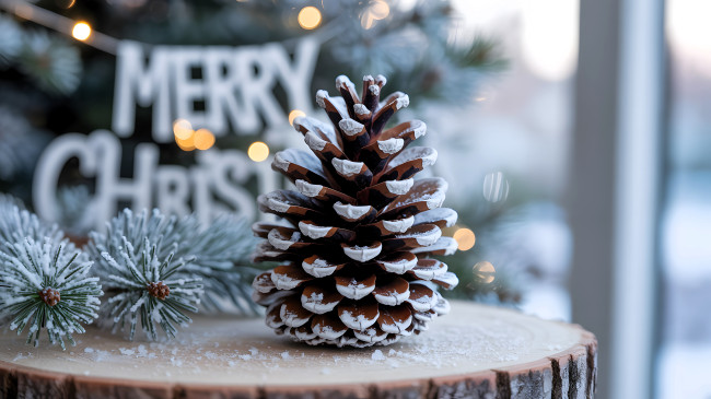 Обои картинки фото праздничные, 3д графика , новый год, шишка, снег, пень, ветка, ёлка, поздравление