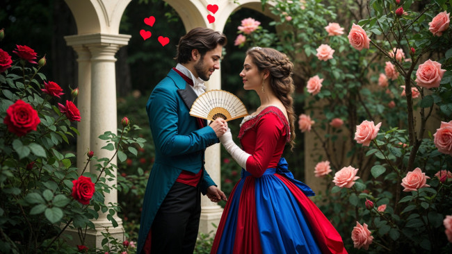 Обои картинки фото 3д графика, романтика , romantics, влюбленные, веер, розы