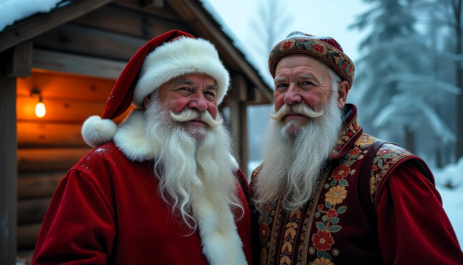 Обои картинки фото праздничные, дед мороз,  санта клаус, санта, клаусы, костюмы, зима, дом, снег