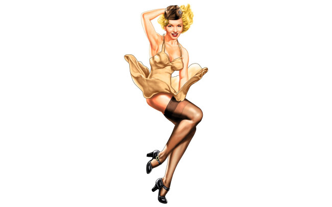 Обои картинки фото рисованное, alberto vargas, девушка, блондинка, пилотка, платье, чулки, каблуки, ветер