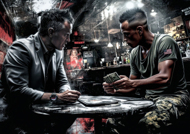 Обои картинки фото разное, компьютерный дизайн, бар, военный, люди, мужчины, стол, деньги