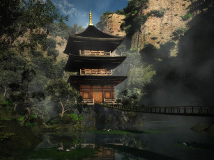 Картинка 3д графика architecture архитектура вода деревья мост