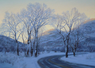 обоя евгений, лушпин, park, city, рисованные, деревья, зима, дорога