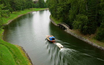 Картинка природа реки озера река деревья мост берег катер