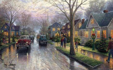 Картинка thomas kinkade рисованные город авто дорога