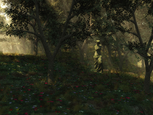 Обои картинки фото 3д, графика, nature, landscape, природа, цветы, скульптура, деревья