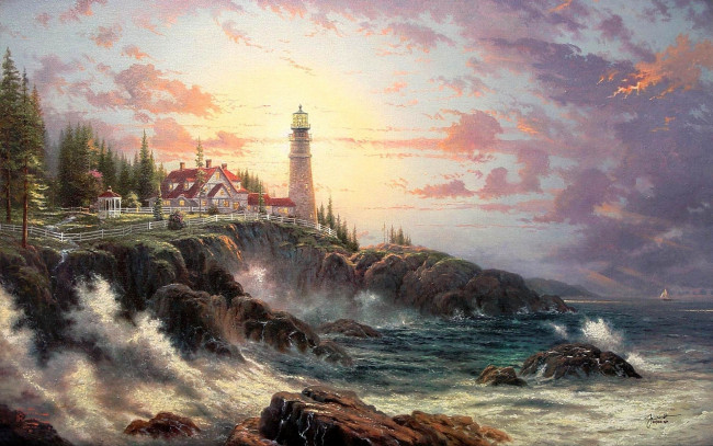 Обои картинки фото thomas, kinkade, рисованные, маяк, море, пейзаж, побережье
