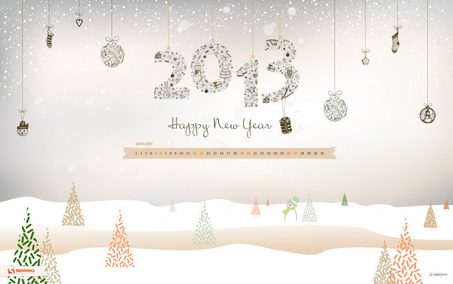 Обои картинки фото календари, рисованные, векторная, графика, ели, цифры, снеговик, снег