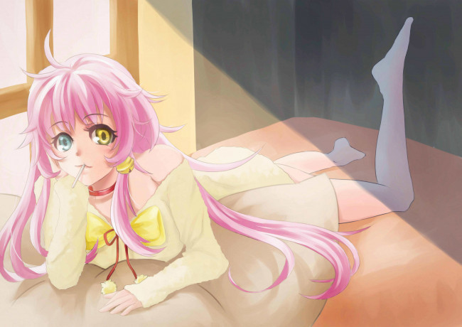 Обои картинки фото аниме, project, жёлтый, голубой, k, neko, candy, collar, female, food, long, hair, pink, девушка, глаза