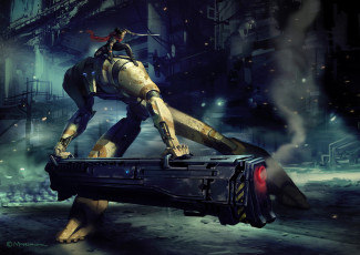 Картинка фэнтези роботы +киборги +механизмы робот девушка атака оружие меч