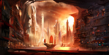 Картинка фэнтези иные+миры +иные+времена небоскребы город шхуна мегаполис