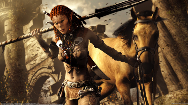 Обои картинки фото ian grainger, фэнтези, эльфы, ian, grainger, девушка, лошадь, конь, копьё