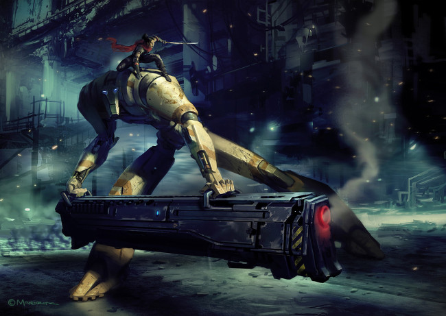 Обои картинки фото фэнтези, роботы,  киборги,  механизмы, робот, девушка, атака, оружие, меч