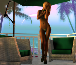 Картинка 3д+графика люди+ people кресла море пальмы фон взгляд девушка