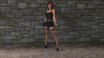 Картинка 3д+графика люди+ people взгляд рыжая фон девушка стена