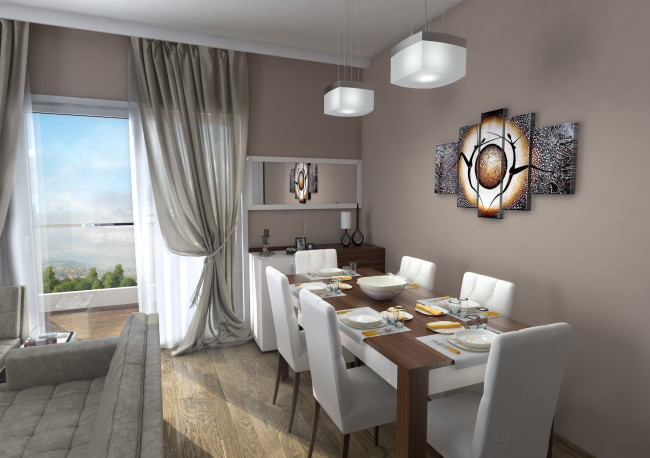 Обои картинки фото 3д графика, реализм , realism, стол, стулья, столовая, комната, дизайн, стиль, интерьер