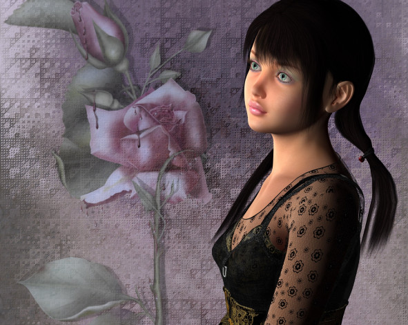 Обои картинки фото 3д графика, люди , people, цветок, фон, девушка, взгляд