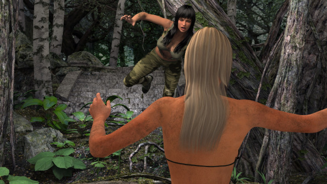 Обои картинки фото 3д графика, фантазия , fantasy, лес, фон, девушки, взгляд