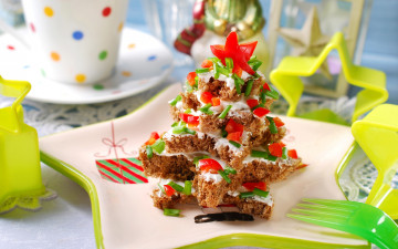 обоя праздничные, угощения, новый, год, еда, бутерброды, тарелка, дизайн, елка