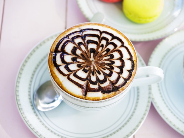 Обои картинки фото еда, кофе,  кофейные зёрна, рисунок, капучино