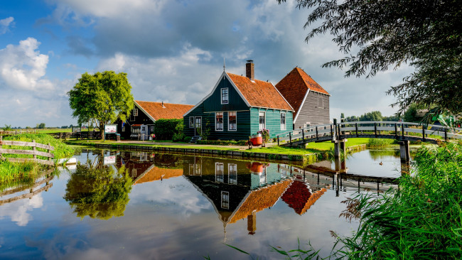 Обои картинки фото города, - здания,  дома, река, мостик