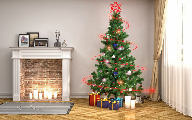 Обои картинки фото праздничные, 3д графика , новый год, интерьер, камин, елка