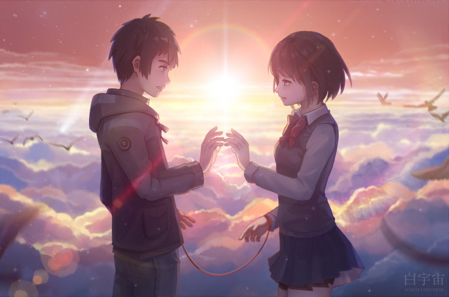 Обои картинки фото аниме, kimi no na wa, фон, взгляд, девушка