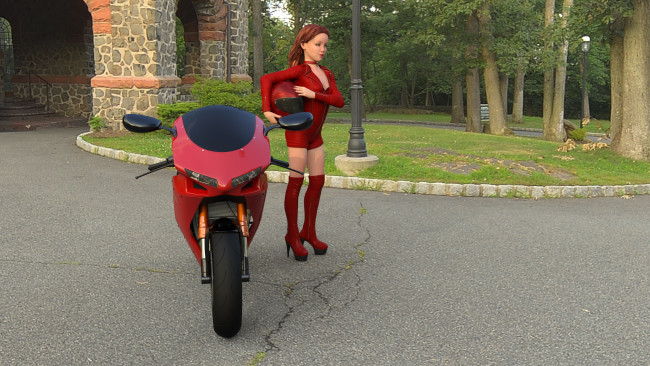 Обои картинки фото 3д графика, люди-авто, мото , people- car ,  moto, девушка, взгляд, фон, мотоцикл