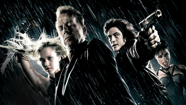 Обои картинки фото кино фильмы, sin city, дождь, оружие, полицейский, девушки