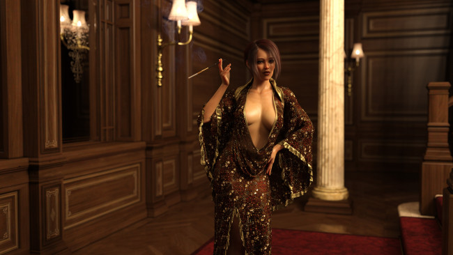 Обои картинки фото 3д графика, люди , people, девушка, фон, платье, мундштук, сигарета