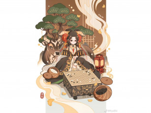 Картинка аниме животные +существа девушка рога бык игра