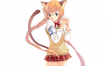 Картинка аниме животные +существа девушка нэко очки хвост ушки