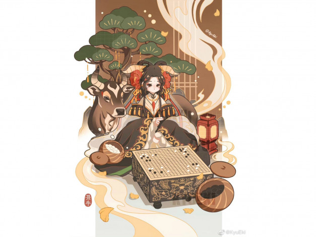 Обои картинки фото аниме, животные,  существа, девушка, рога, бык, игра