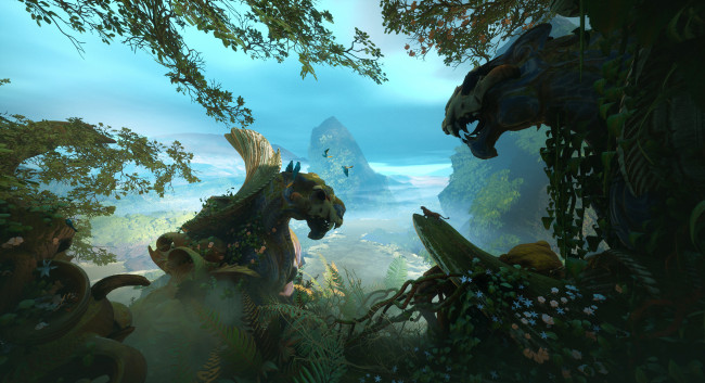 Обои картинки фото фэнтези, иные миры,  иные времена, джунгли, скалы, пантера, статуи