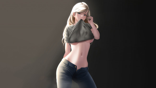 Обои картинки фото аниме, unknown,  другое , красивая, девушка, в, джинсах, задрала, футболку