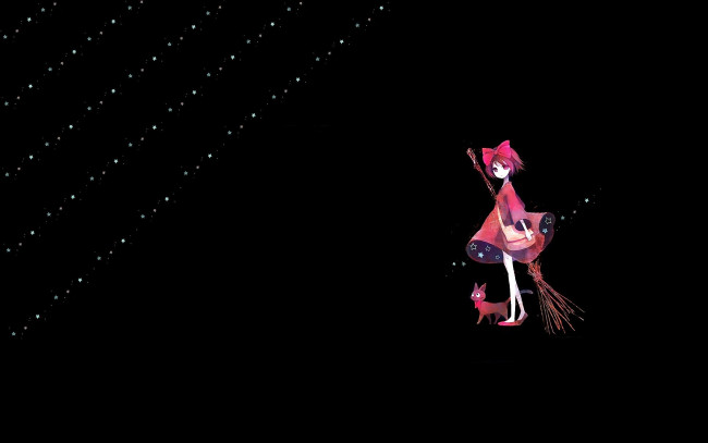 Обои картинки фото аниме, kiki`s delivery service, девочка, сумка, метла, кошка, бант