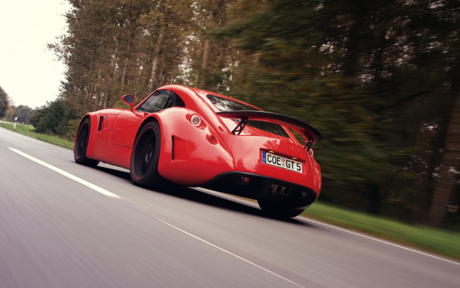 Обои картинки фото автомобили, wiesmann, красный, дорога, скорость, деревья