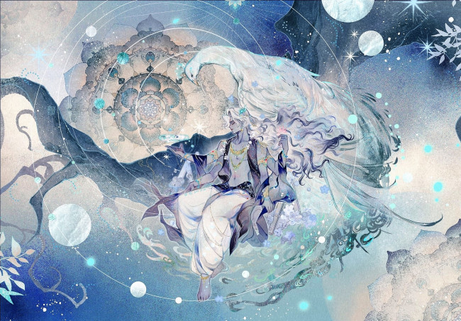 Обои картинки фото аниме, животные,  существа, парень, птица, ветки